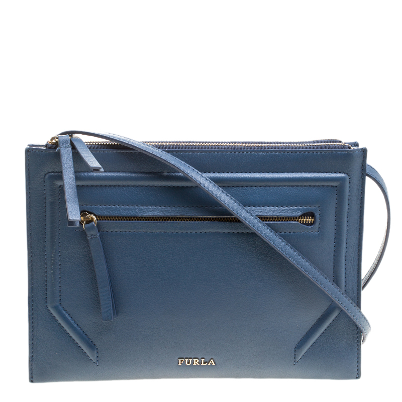 Pre Owned Furla Navy Blue Leather Crossbody Bag