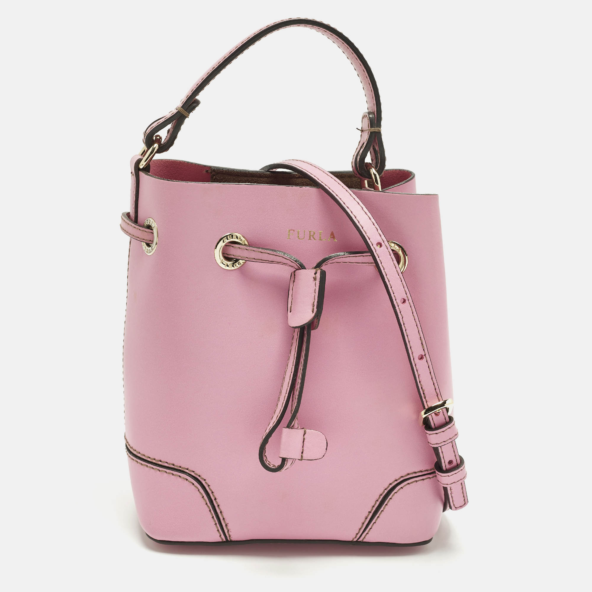 

Furla Stacy Drawstring Mini Pink Leather Bucket Bag