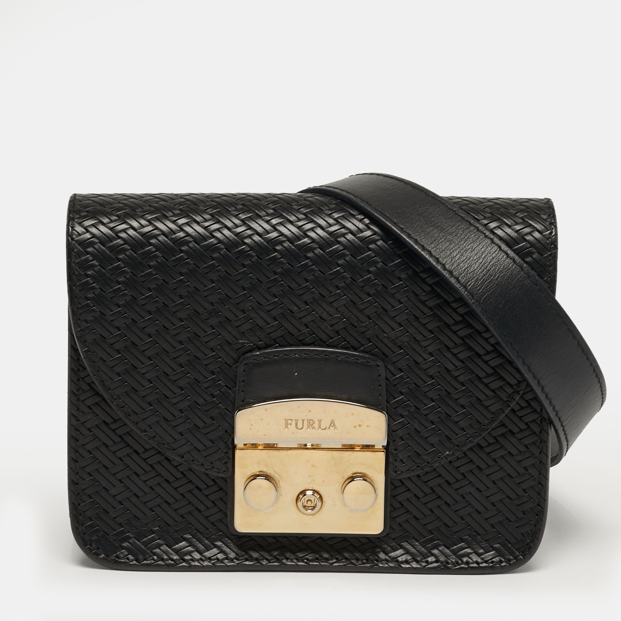

Furla Metropolis Mini Black Woven Embossed Leather Crossbody Bag