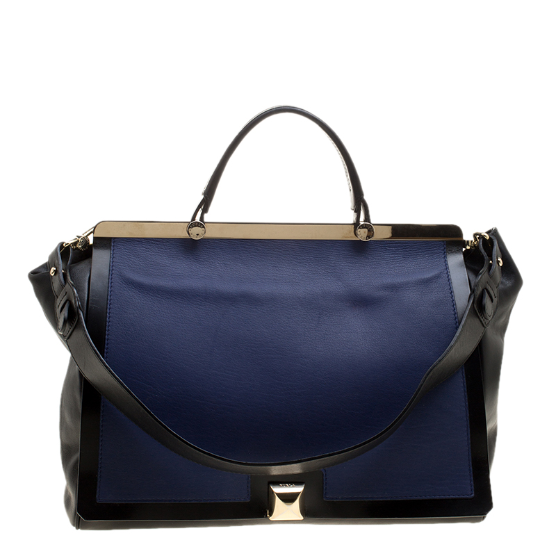 Pre Owned Furla Black/Blue Leather Cortina Top Handle Bag