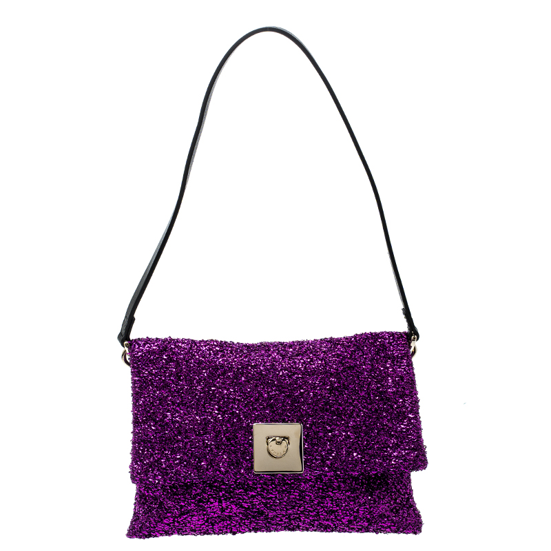 Pre Owned Furla Purple Textured Fabric Shoulder Bag