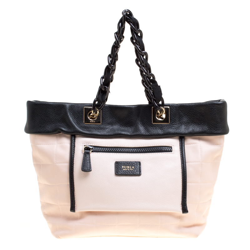 Furla Pink/Black Leather Tribe Chain Tote