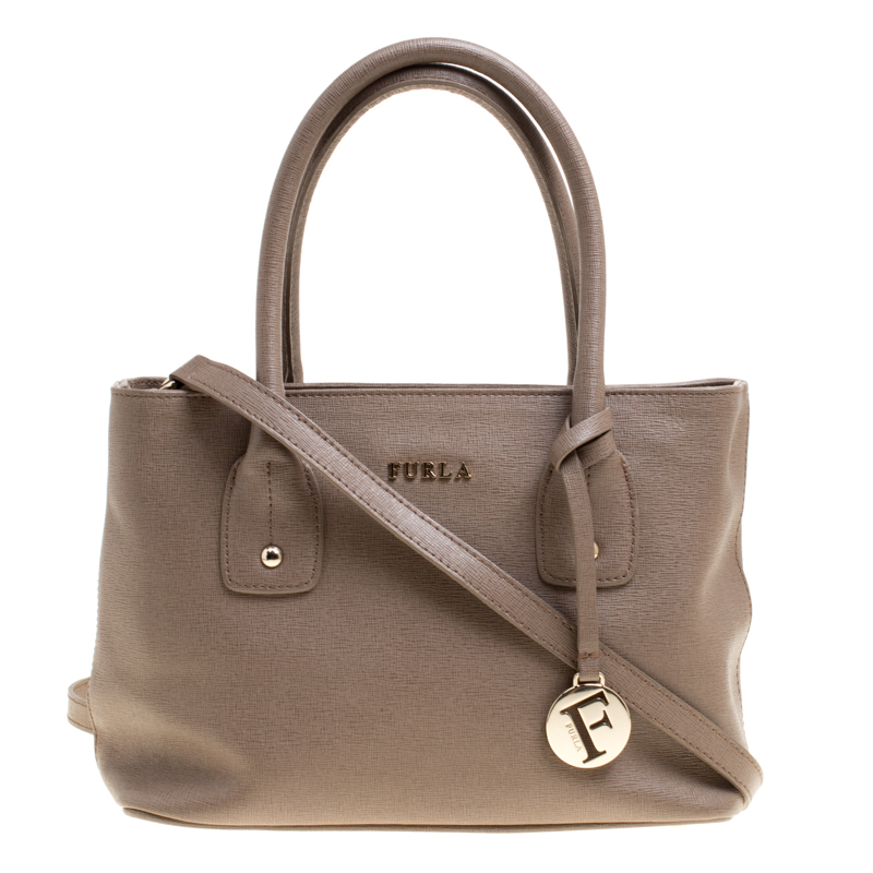 Pre Owned Furla Dark Beige Saffiano Leather Linda Tote