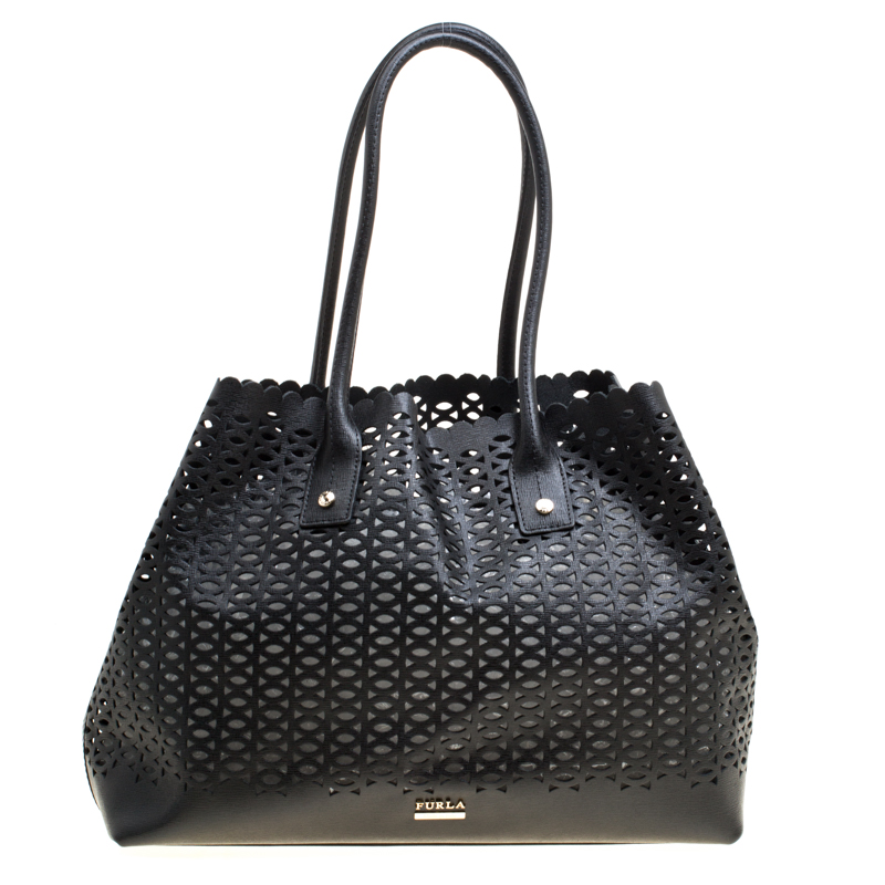 Pre Owned Furla Black Perforated Leather E/W Melissa Tote