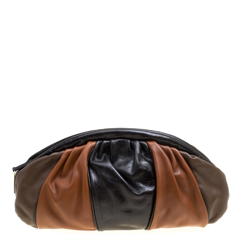 Pre Owned Furla Tri Color Pleated Leather Frame Clutch