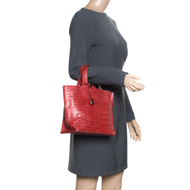 

Furla Red Croc Embossed Leather Divide It Tote