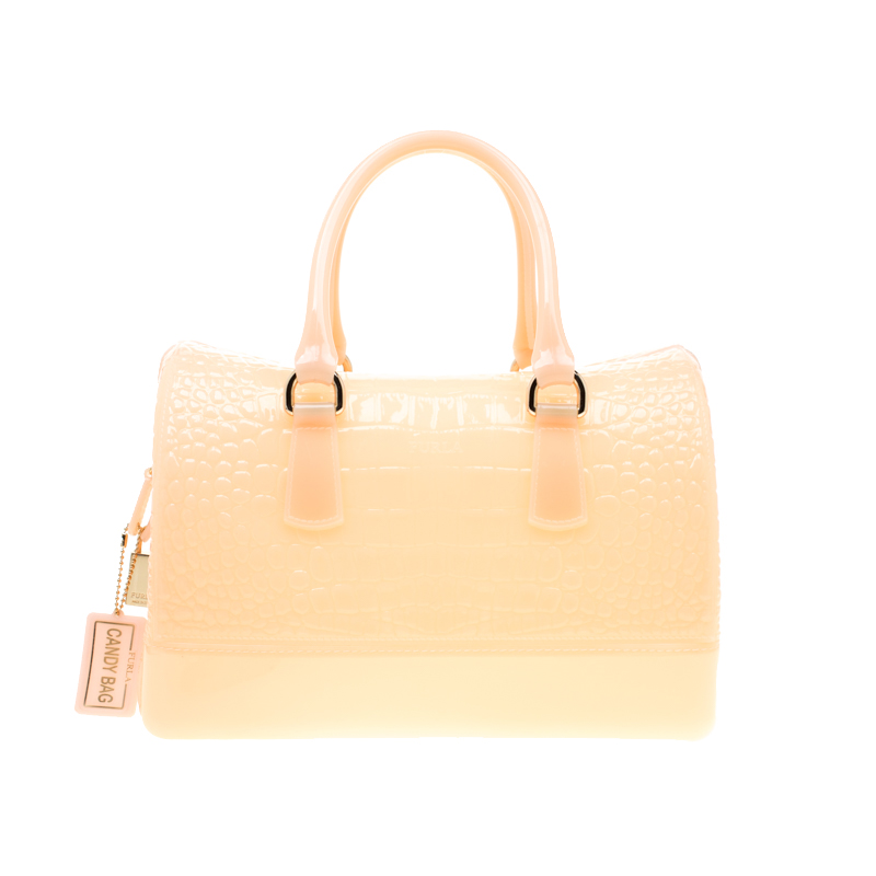 Pre Owned Furla Peach Crocodile Embossed Rubber Candy Satchel