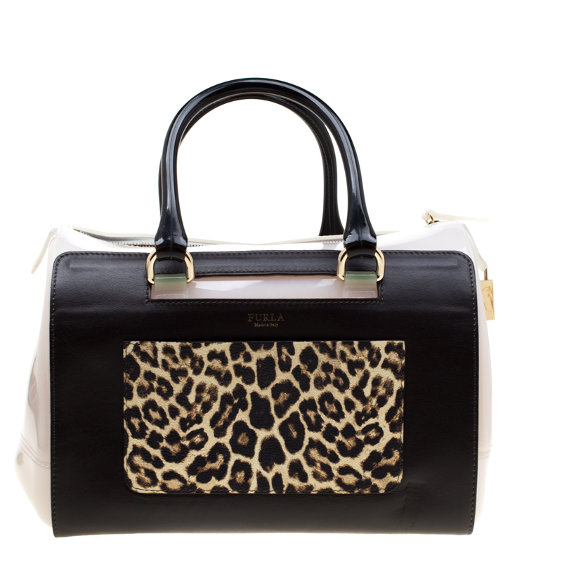 Pre Owned Furla Multicolor Glossy Rubber and Leather Leopard Detailed Candy Satchel