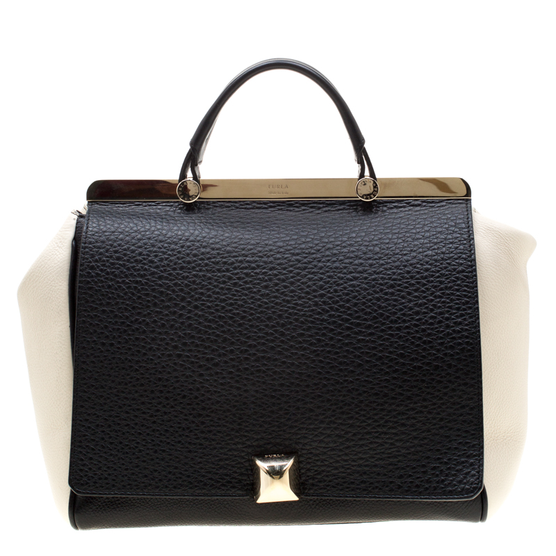 Pre Owned Furla Black/White Leather Cortina Tote
