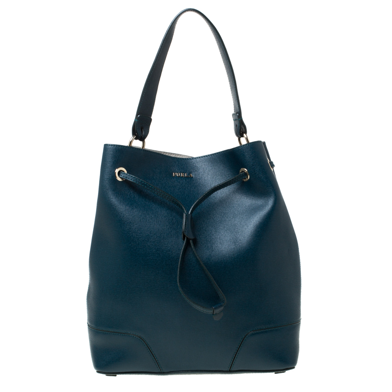 Furla Deep Sea Green Leather Stacy Drawstring Bucket Bag