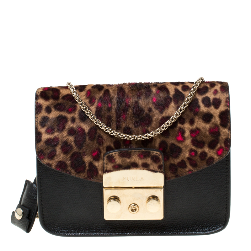 Pre Owned Furla Black/Brown Calfhair and Leather Mini Metropolis Crossbody Bag