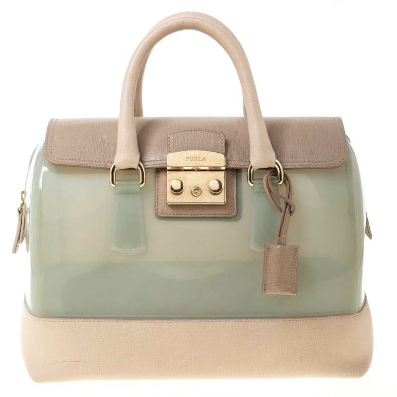 Pre Owned Furla Mint Green/Beige Glossy Rubber and Leather Push Lock Candy Satchel
