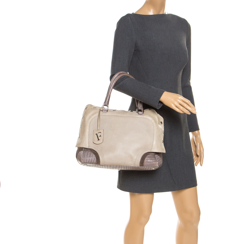

Furla Beige/Grey Leather and Suede Snap Button Satchel