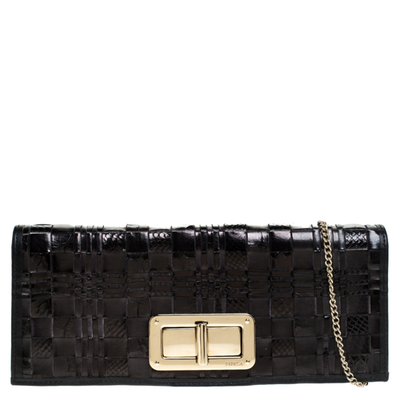 Pre Owned Furla Black Leather Turnlock Clutch 