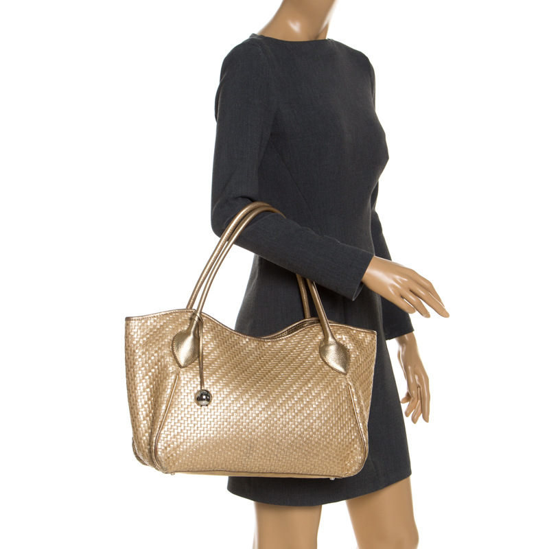 Pre-owned Furla Gold Woven Raffia And Leather Shopper Tote