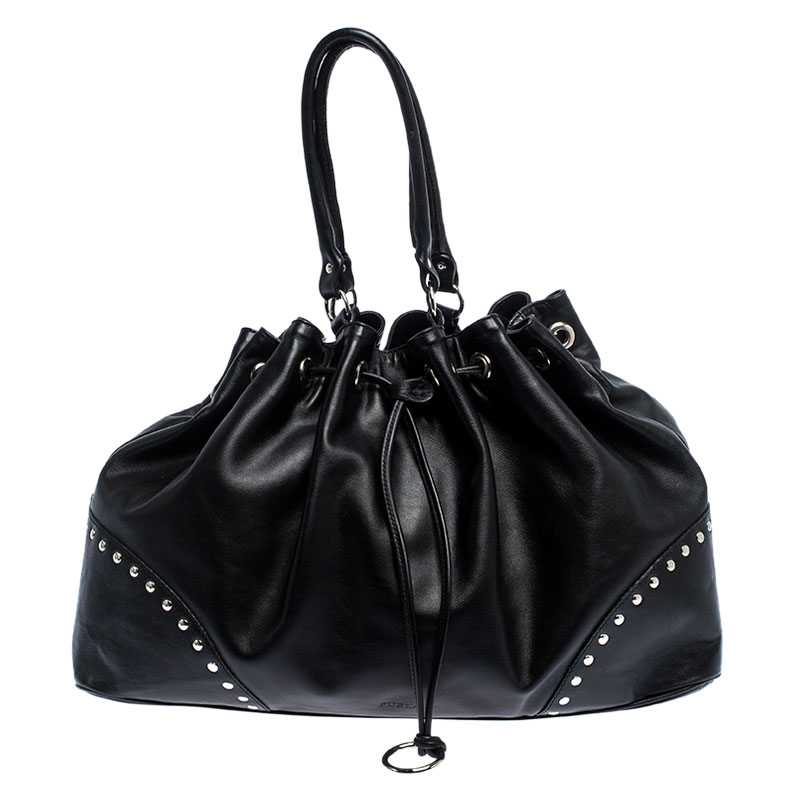 Pre Owned Furla Black Leather Drawstring Studded Shoulder Bag