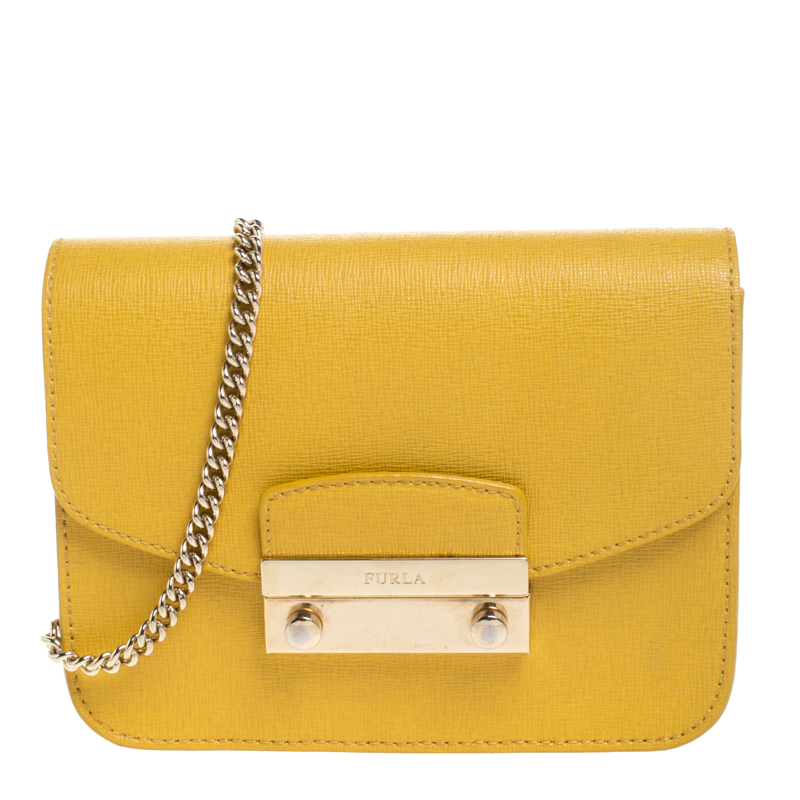 Pre Owned Furla Yellow Leather Metropolis Chain Crossbody Bag