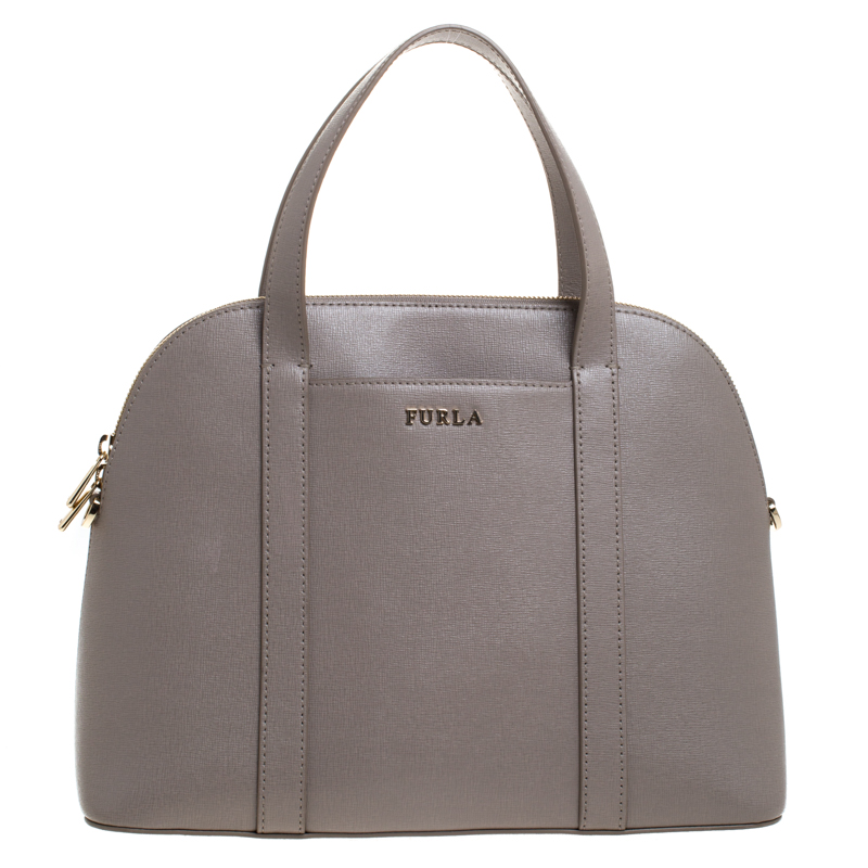 Pre Owned Furla Grey Leather Dome  Front Pocket Satchel