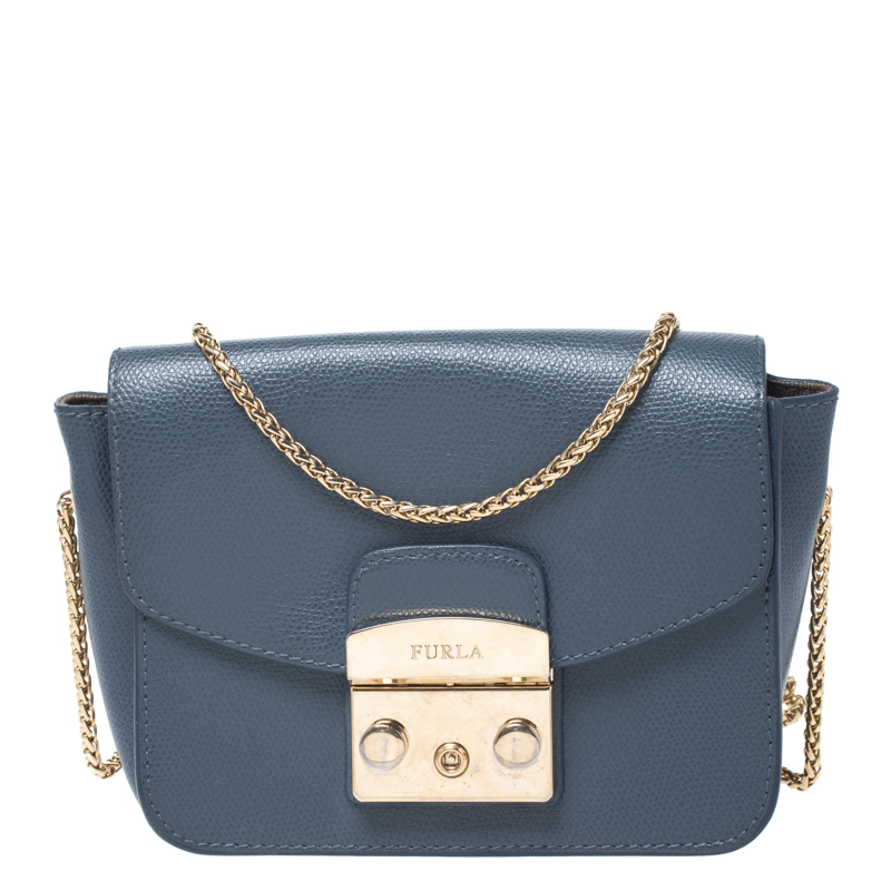Pre Owned Furla Blue Leather Mini Metropolis Crossbody Bag