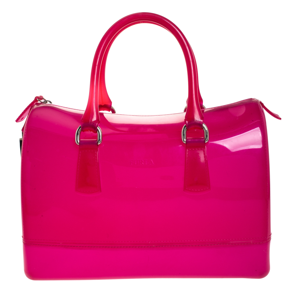 Pre Owned Furla Fuchsia Glossy Rubber Candy Satchel