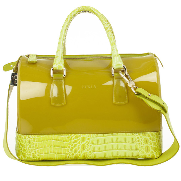 Pre Owned Furla Green Candy Croco Rubber Satchel