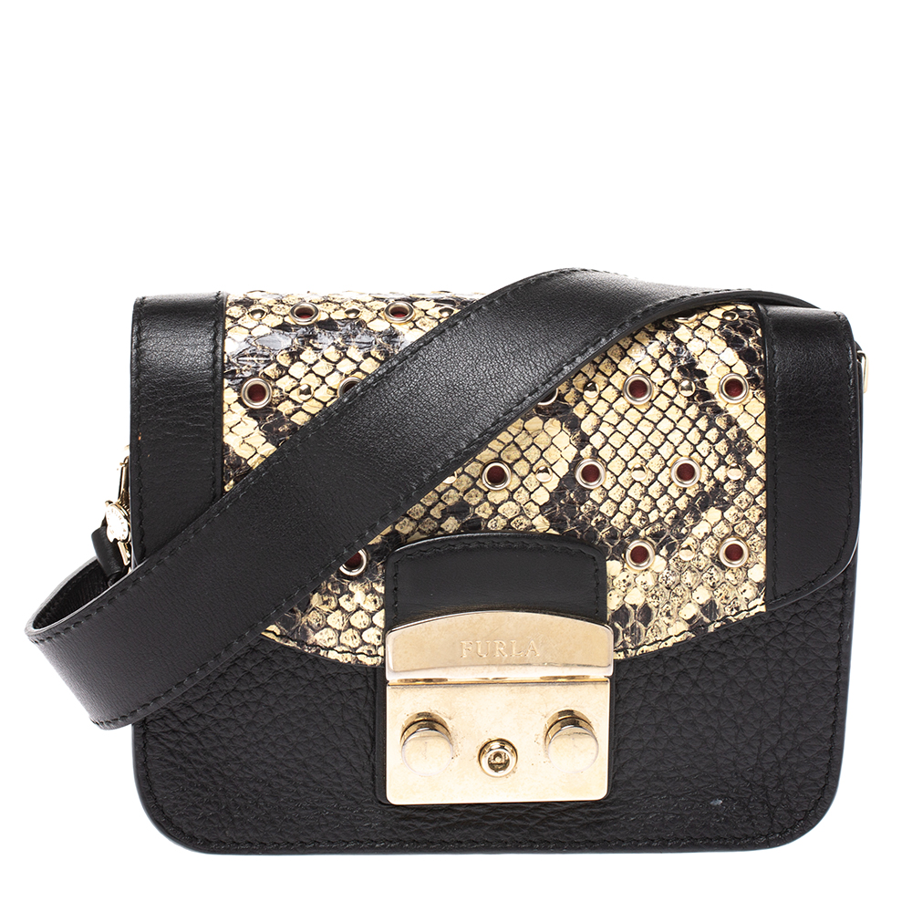 Pre Owned Furla Black/Beige Leather and Snakeskin Effect Mini Metropolis Crossbody Bag