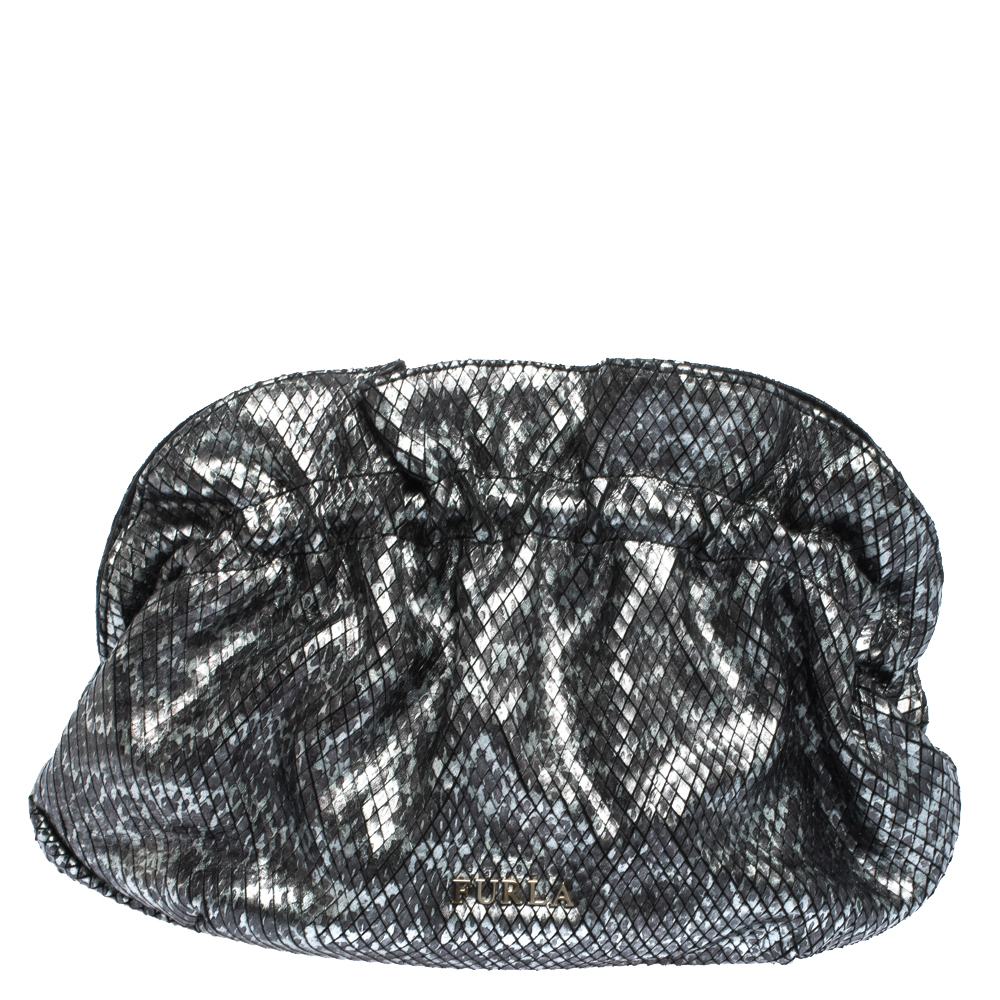 Pre Owned Furla Metallic Grey Snakeskin Effect Leather Ruffle Clutch
