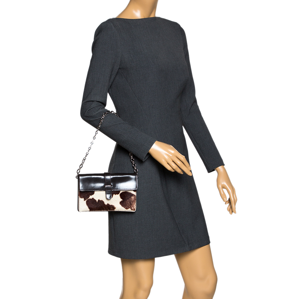 

Furla Dark Brown/White Calfhair and Leather Flap Chain Bag