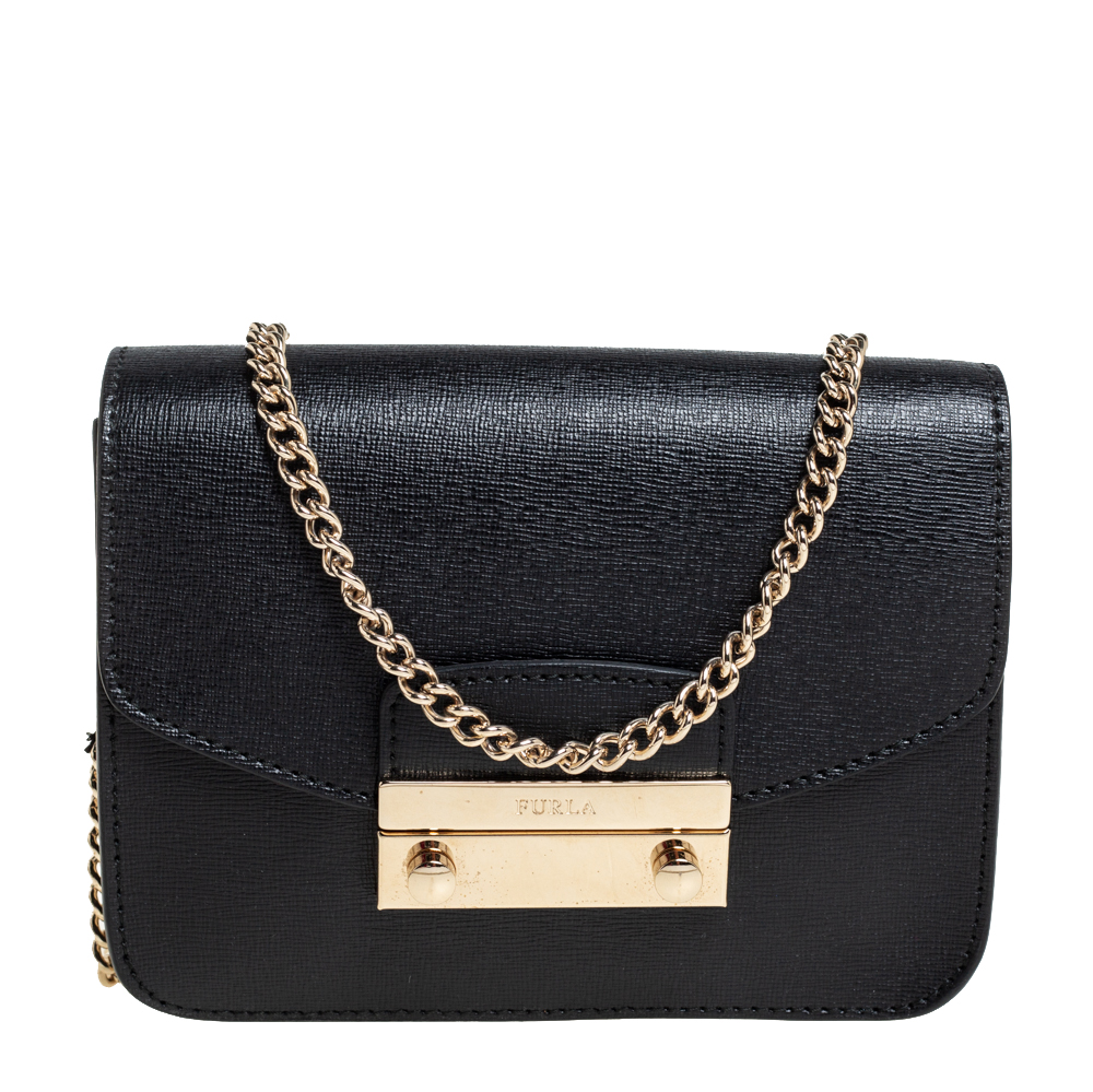 Furla Black Leather Mini Metropolis Chain Crossbody Bag Furla | The ...