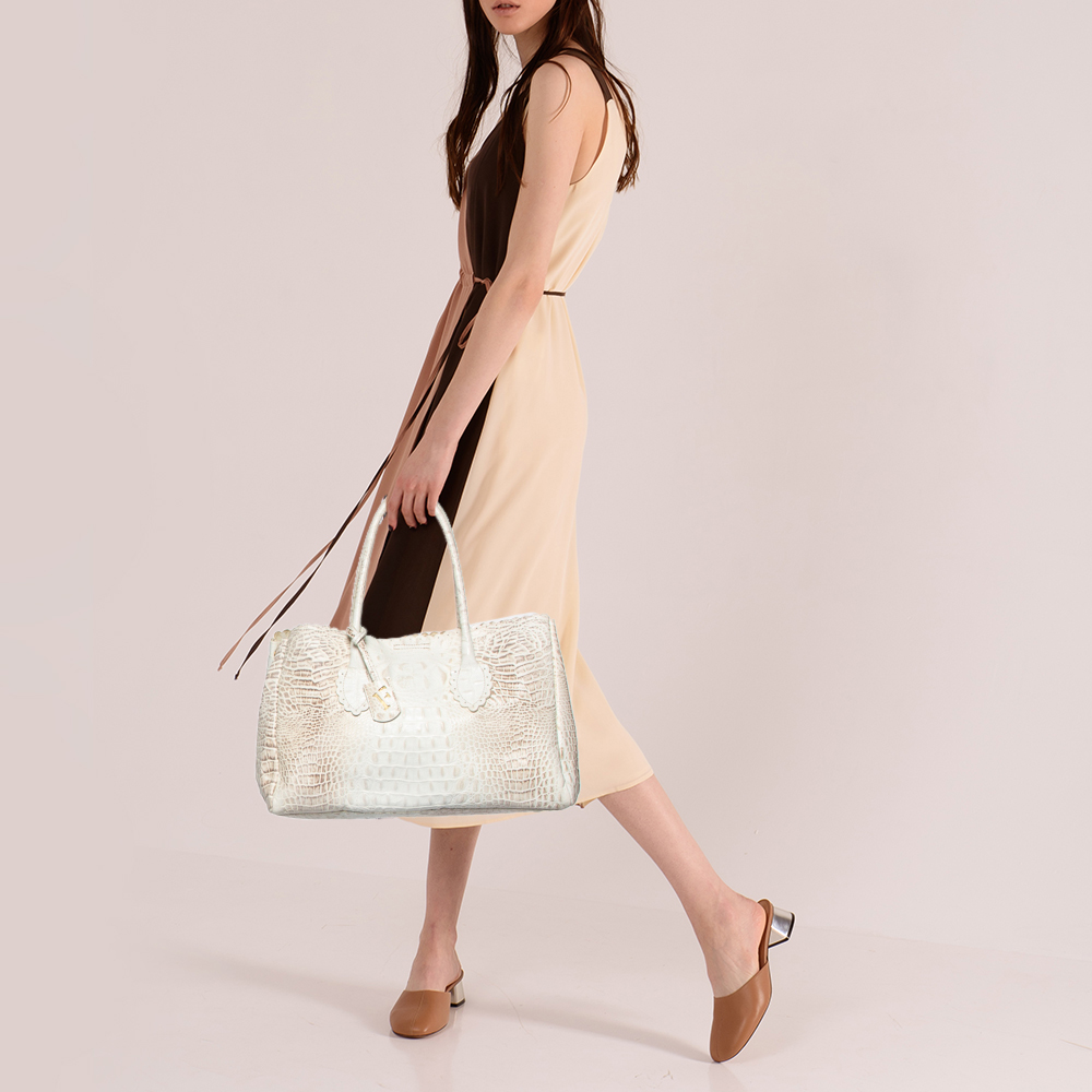 

Furla White/Beige Croc Embossed Leather Tote