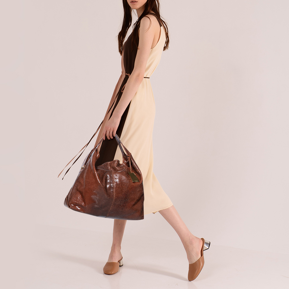 

Furla Brown Lizard Embossed Leather Hobo