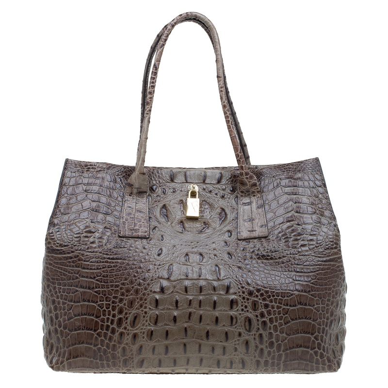 Pre Owned Furla Brown Croc Embossed Leather Onyx Tote