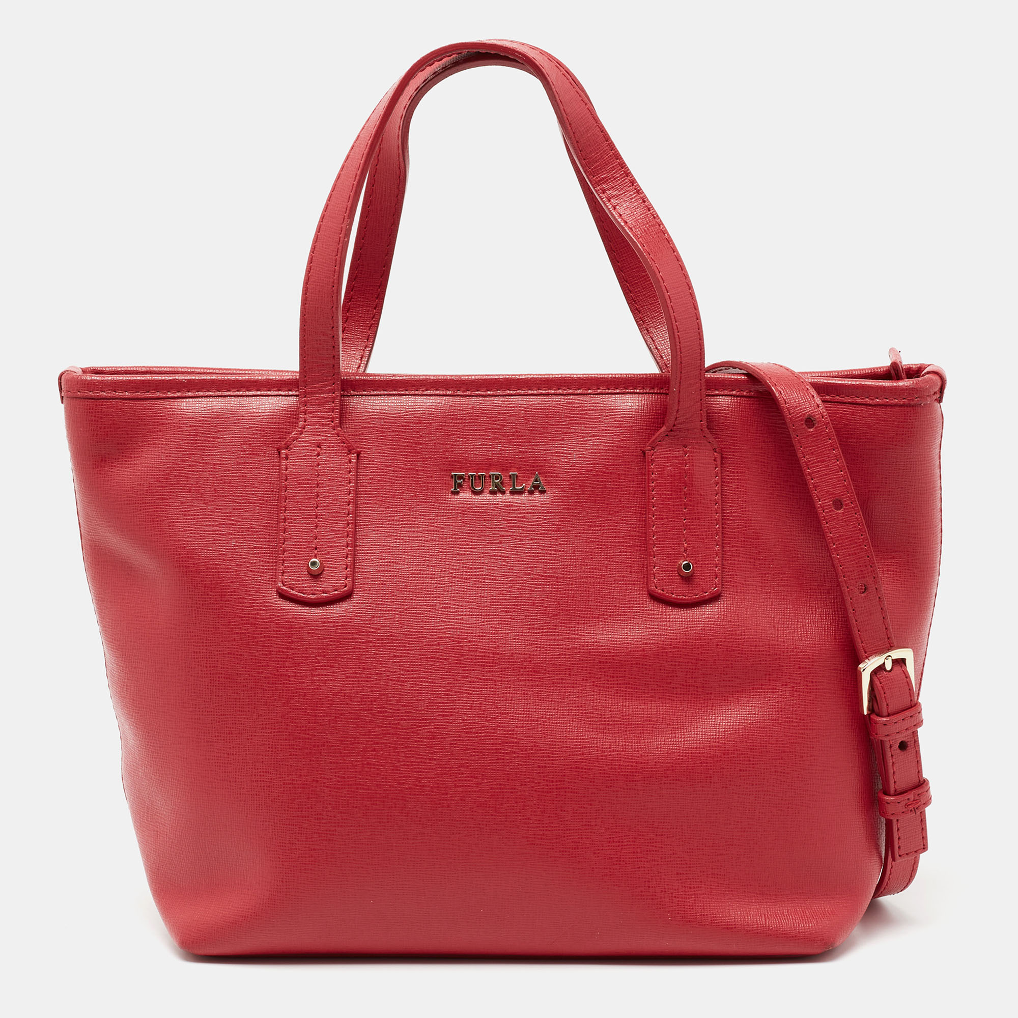 Preowned Furla Red Leather Top Zip Tote ModeSens