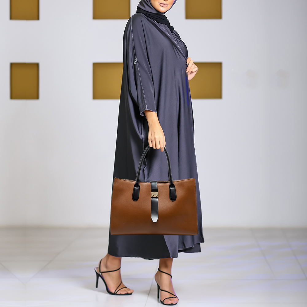 

Furla Brown/Black Leather Pushlock Flap Tote