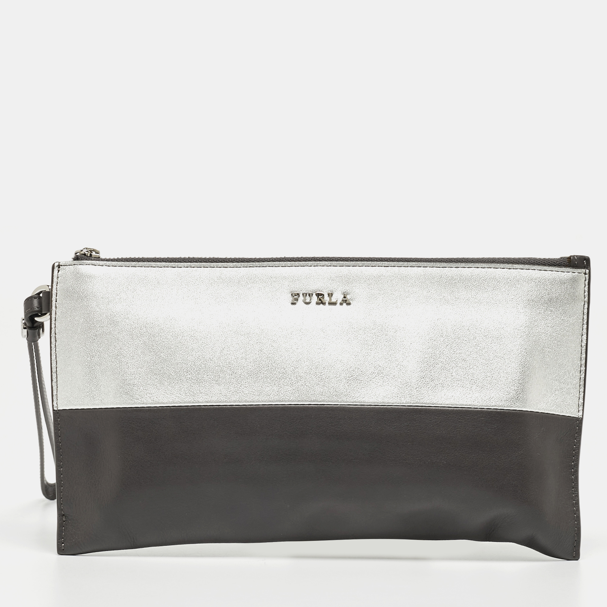 Pre-owned Furla Grey/silver Leather Zip Wristlet Pouch