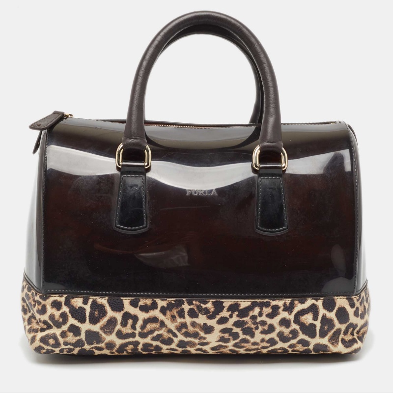 Pre-owned Furla Dark Brown/beige Rubber And Leopard Print Leather Medium Candy Satchel