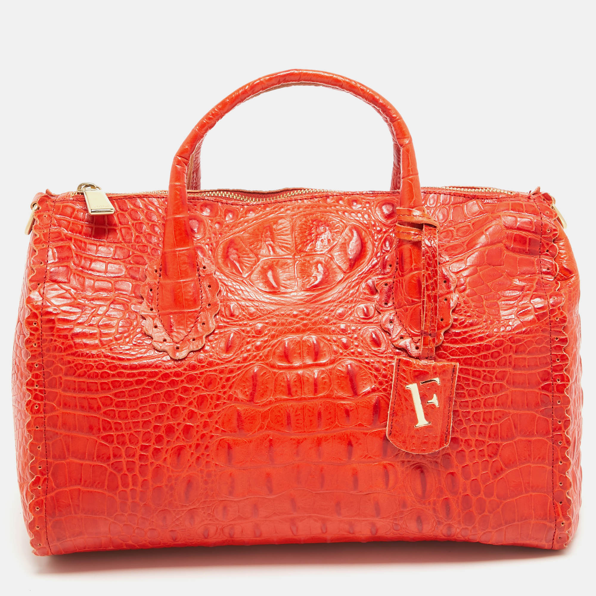 Pre-owned Furla Orange Back Horn Croc Embossed Leather Bowler Bag