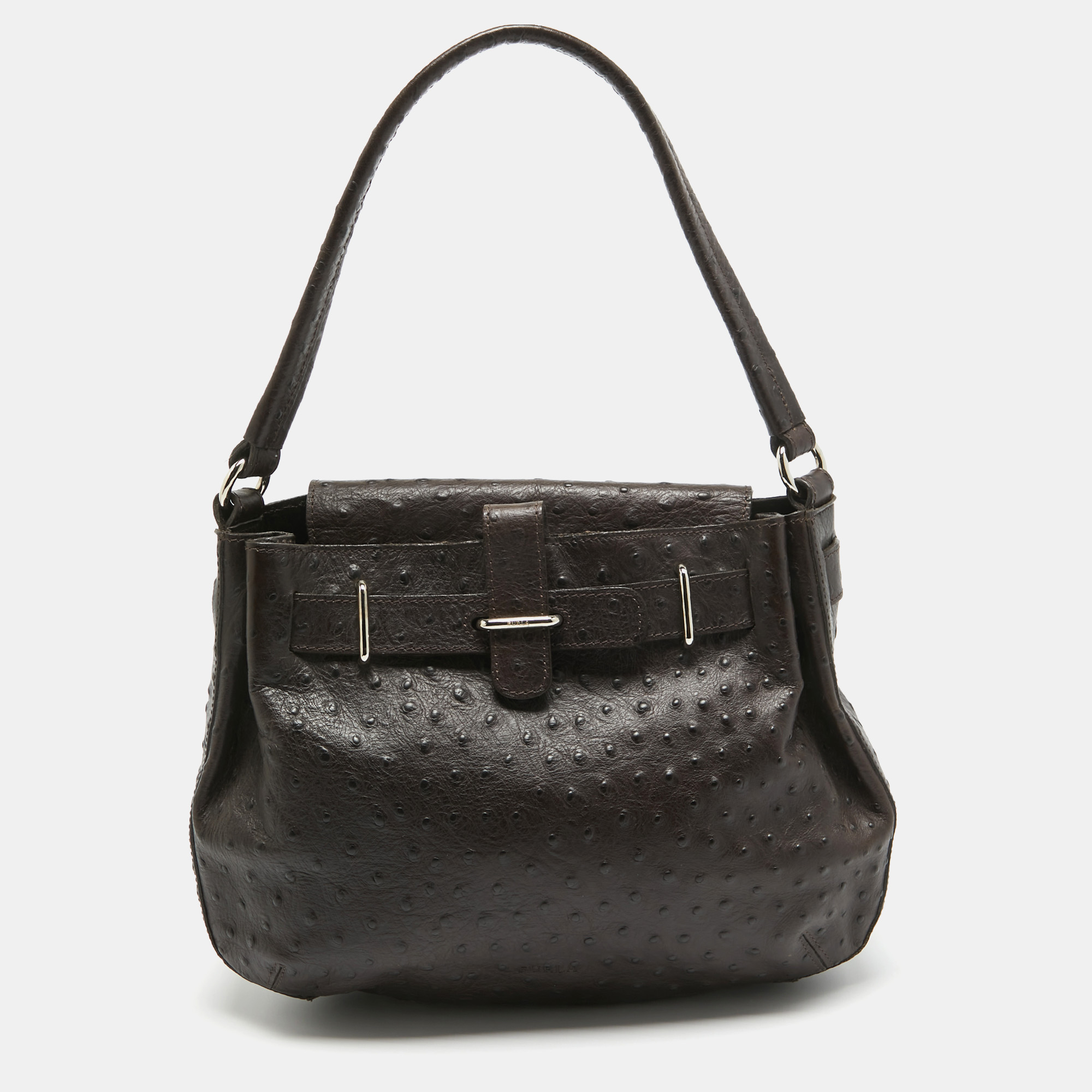 Pre-owned Furla Dark Brown Ostrich Leather Greta Bag