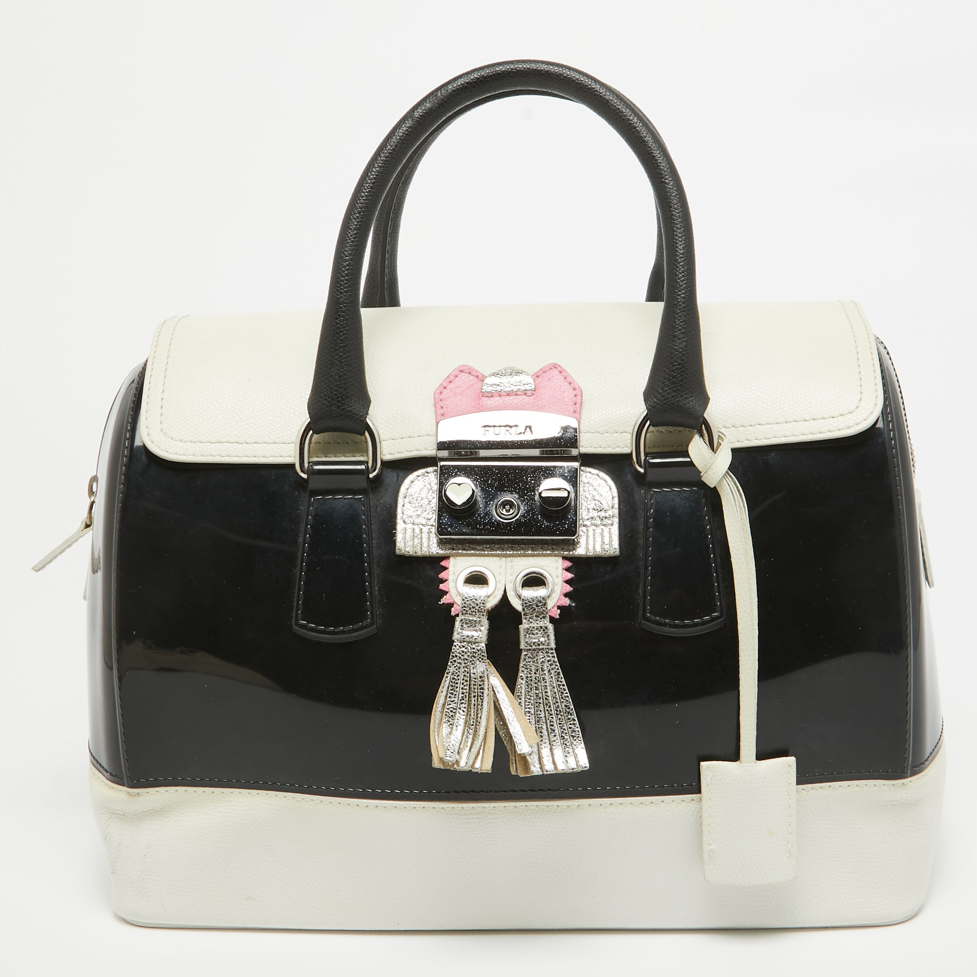 Pre-owned Furla Black/white Leather And Rubber Candy Flap Satchel