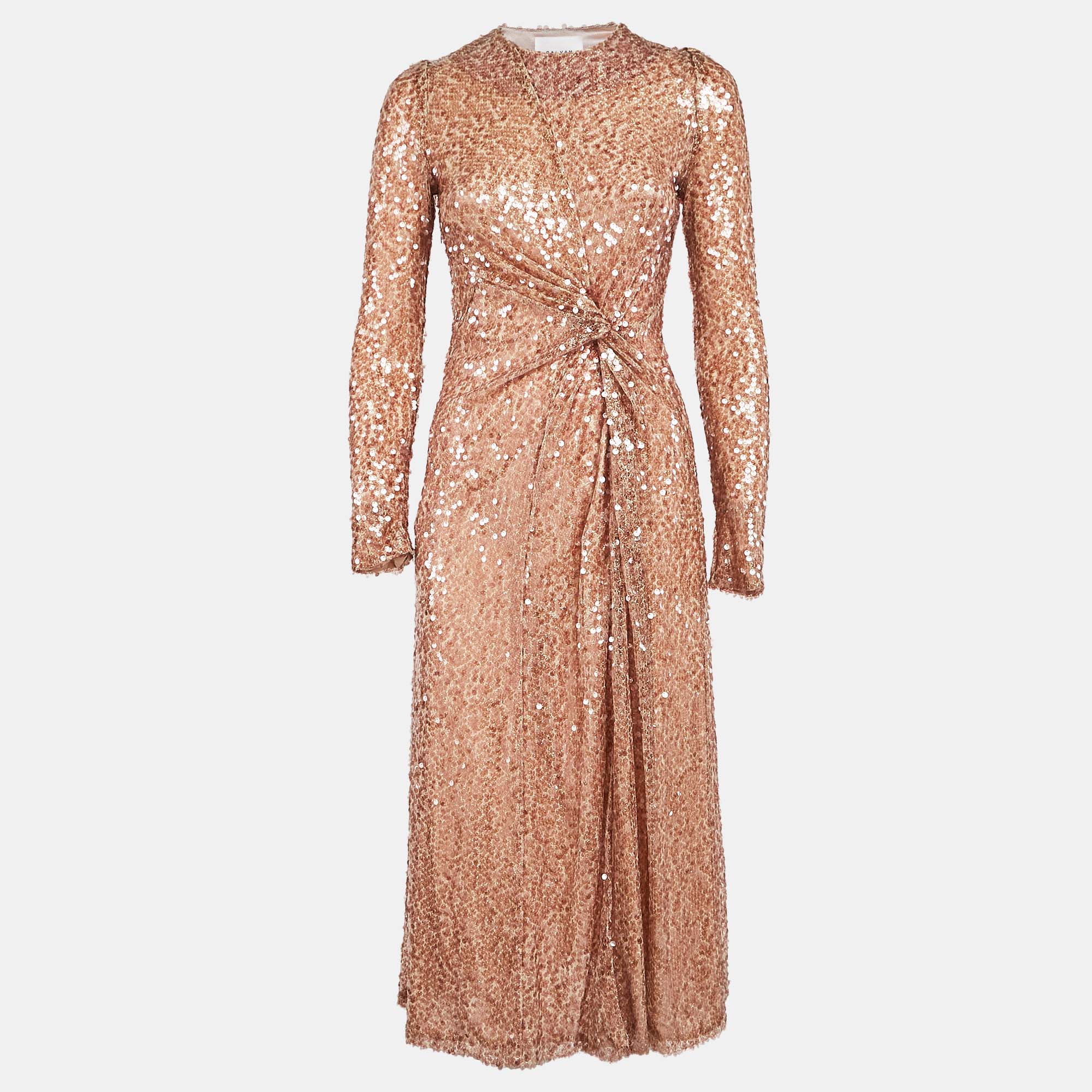 

Galvan London Rose Gold Sequin Embellished Mesh Draped Midi Dress S, Beige