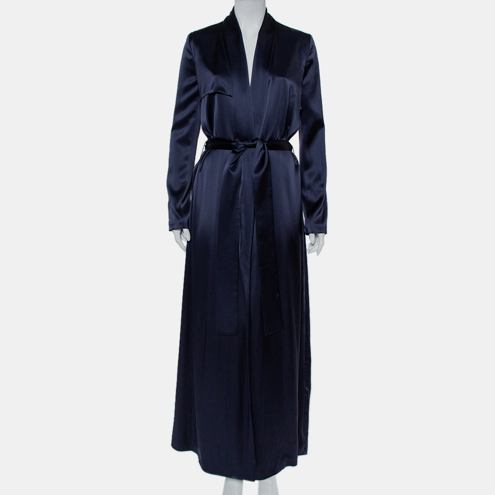 Pre-owned Galvan Midnight Blue Satin Belted Trench Coat S In Navy Blue