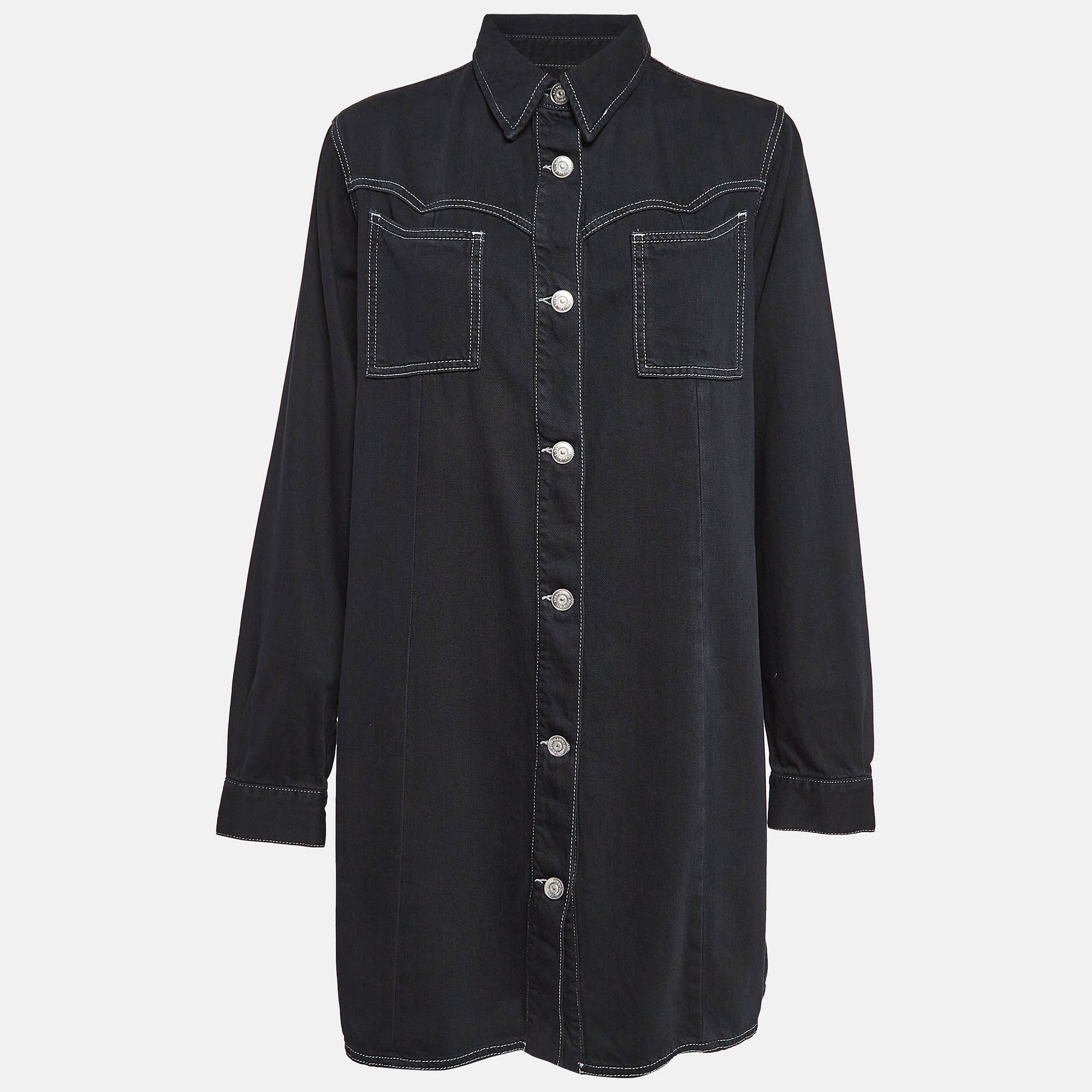 

Ganni Black Washed Kress Soft Denim Mini Shirt Dress M