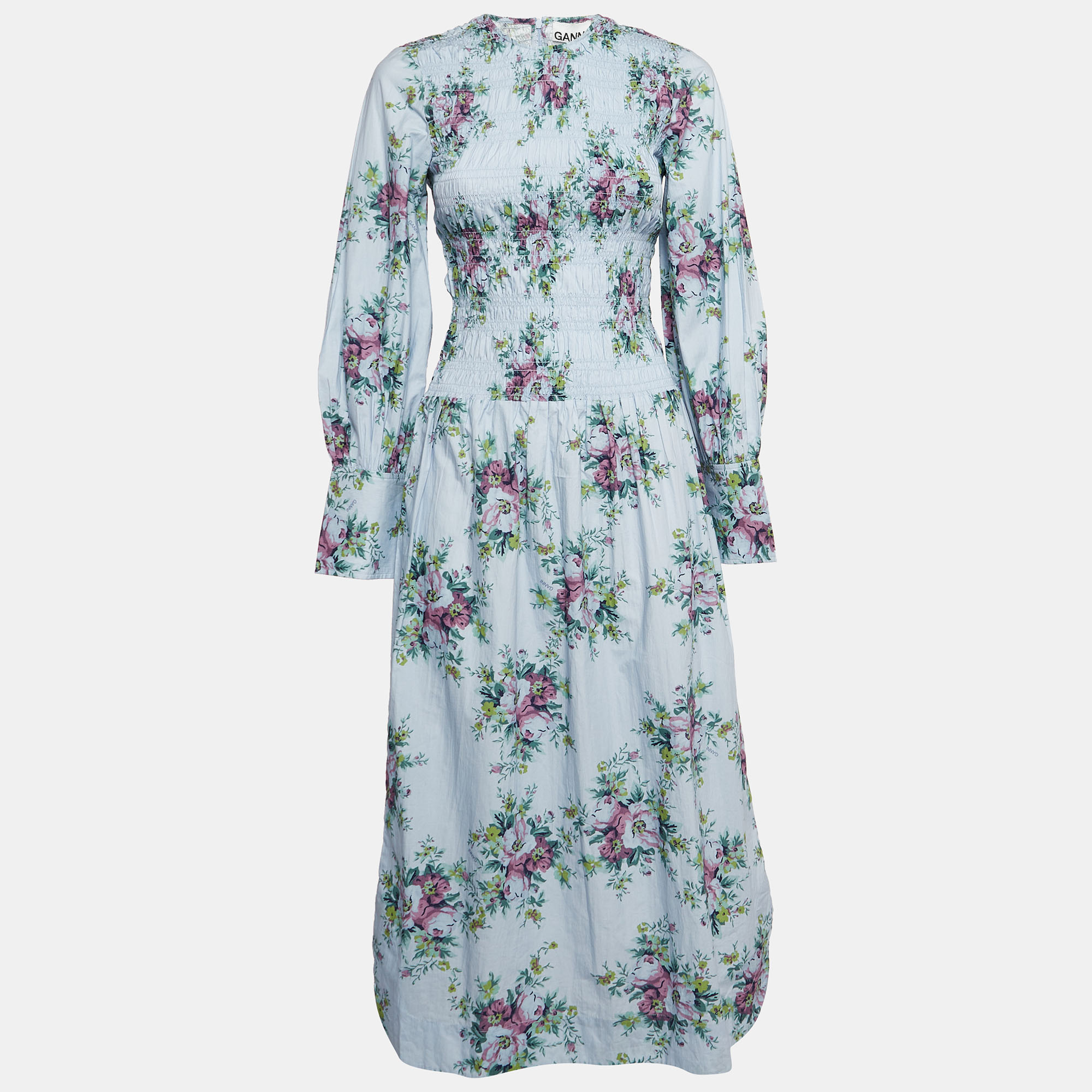 

Ganni Blue Floral Print Shirred Cotton Midi Dress XS