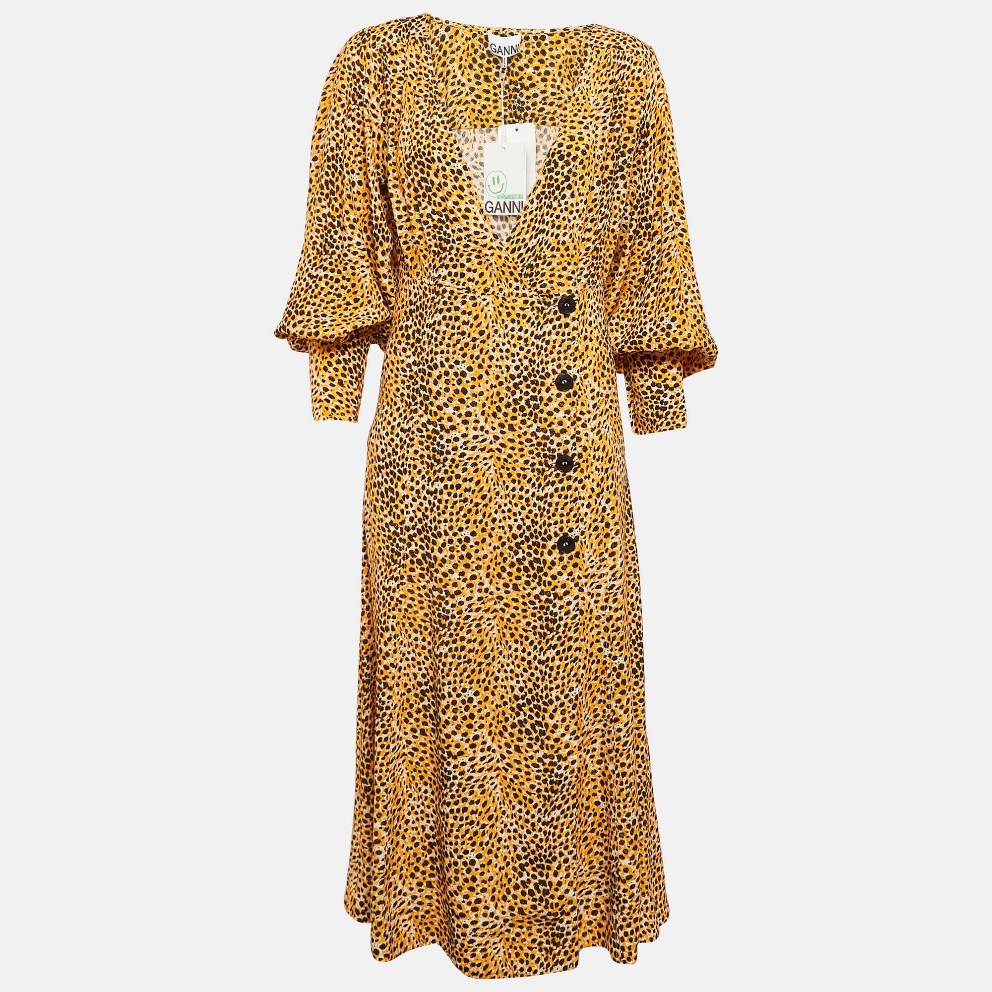 

Ganni Yellow Leopard Print Crepe Buttoned Midi Dress M