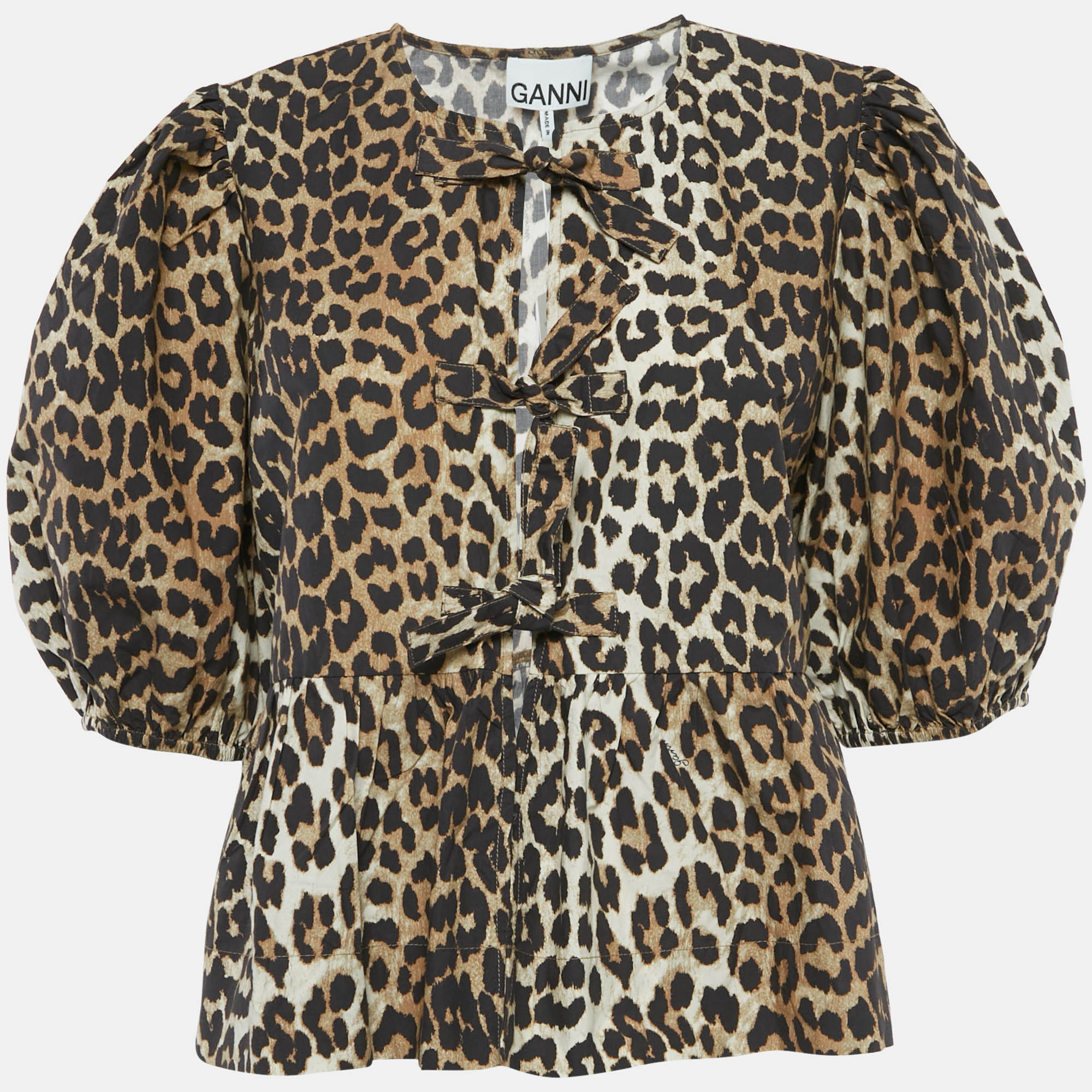 

Ganni Brown Leopard Print Cotton Gathered Top M