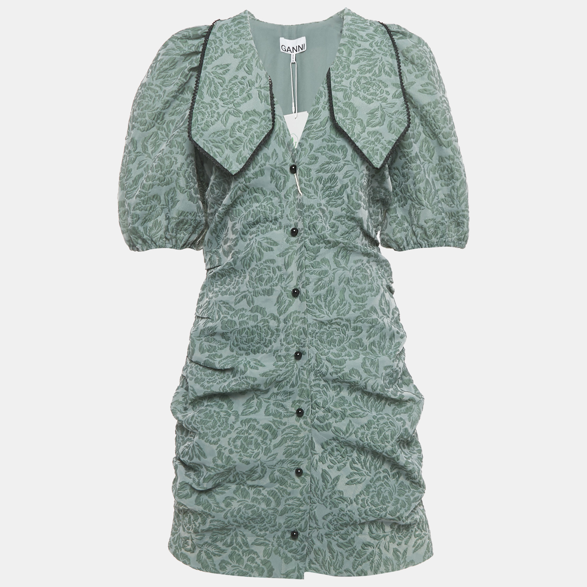Pre-owned Ganni Green Rose Jacquard Ruched Button Front Mini Dress M