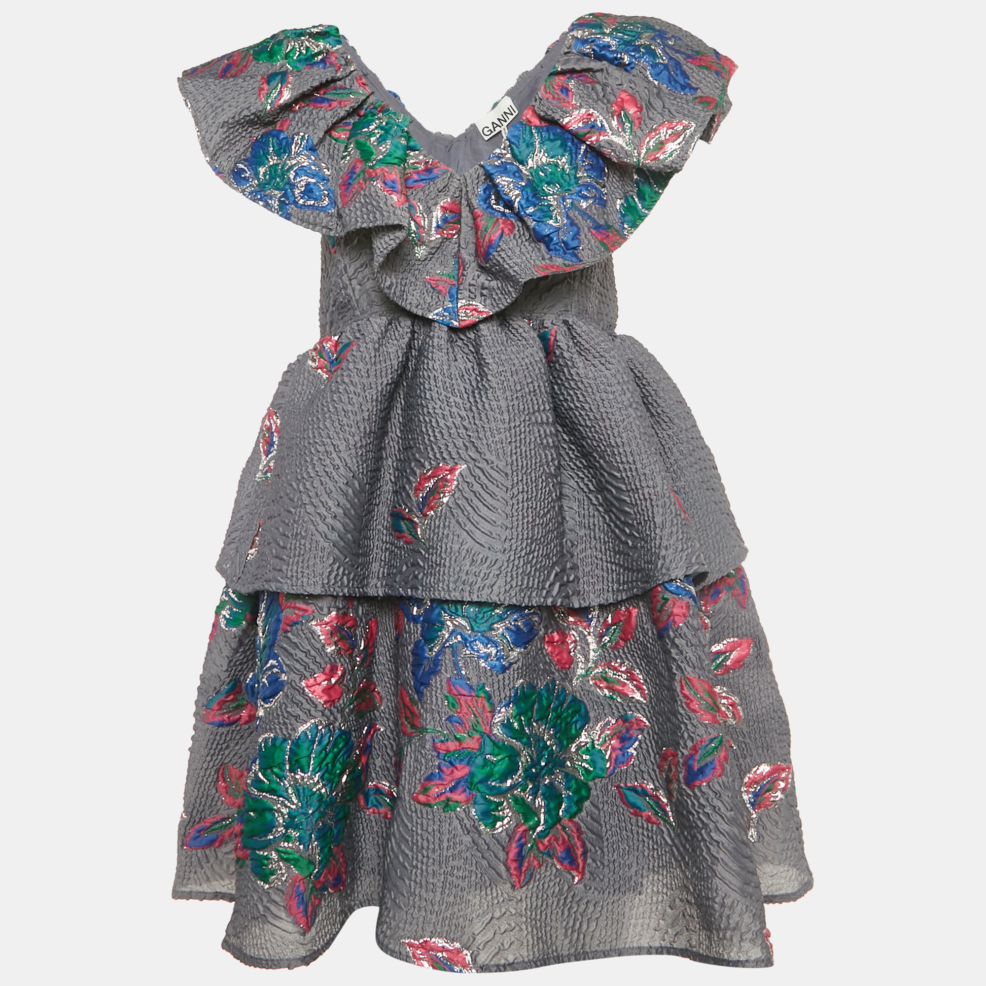 

Ganni Grey Lurex Jacquard Tiered Mini Dress XS