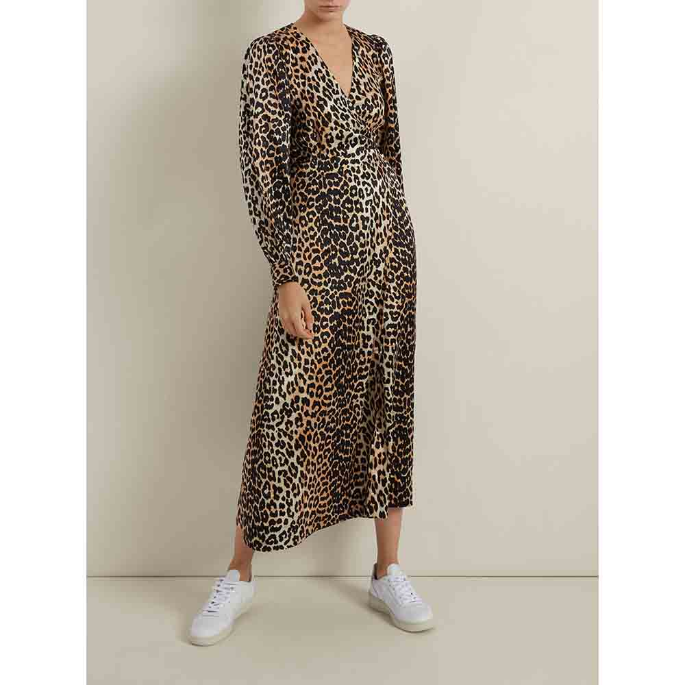 

Ganni Animal Leopard Print Long Sleeve Midi Dress DK 32, Brown