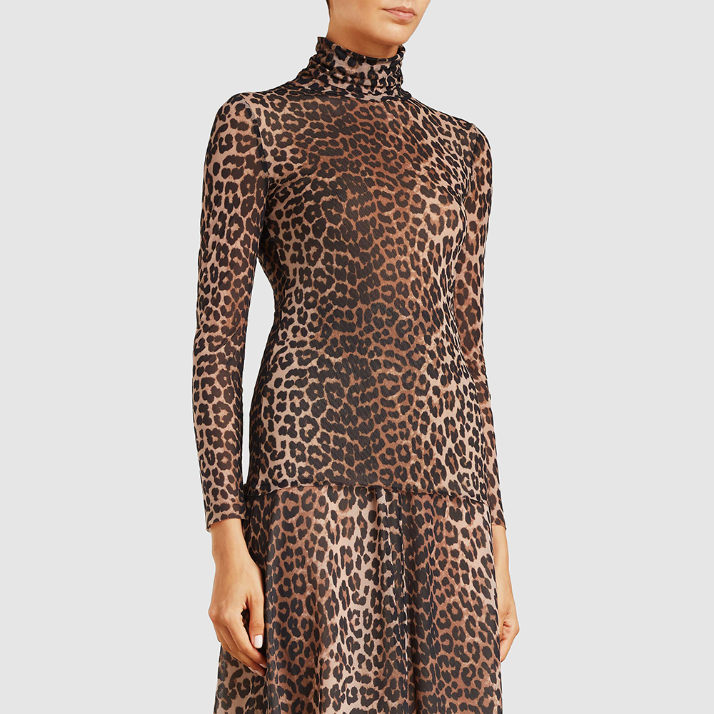 

Ganni Animal Leopard Print Turtleneck Mesh Top DK 34, Brown