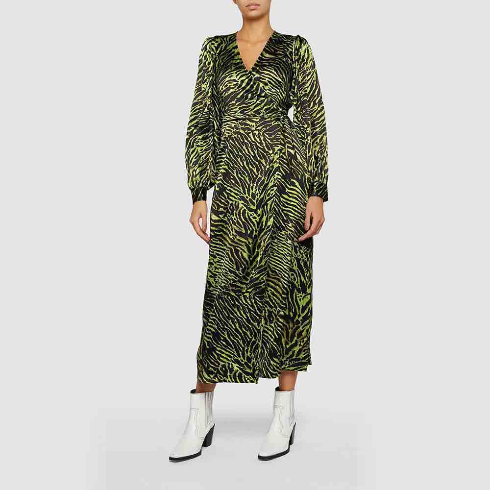 

Ganni Green Tiger Print Long Sleeve Silk-Blend Dress DK 38